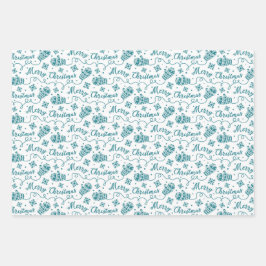 ティール（緑がかった色）ミトンとスノーフレークのクリスマスパターン ラッピングペーパーシート