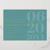 ティール（緑がかった色）ミニマルはっきりしたリストタイプ結婚フォト 箔招待状 (正面)