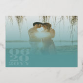 ティール（緑がかった色）ミニマルはっきりしたリストタイプ結婚フォト 箔招待状 (裏面)