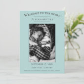 ティール（緑がかった色）ミニマル写真誕生のお知らせ 案内状 (スタンド正面)