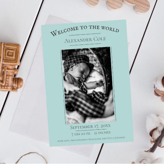 ティール（緑がかった色）ミニマル写真誕生のお知らせ 案内状