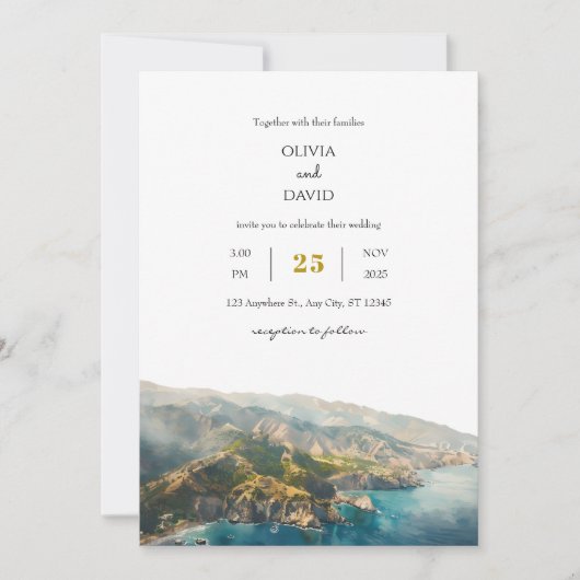 ティール（緑がかった色）ミニマル海コースタルマウンテンビーチ結婚式 招待状 (正面)