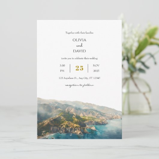 ティール(緑がかった色)ミニマル海コースタルマウンテンビーチ結婚式 招待状 (スタンド正面)