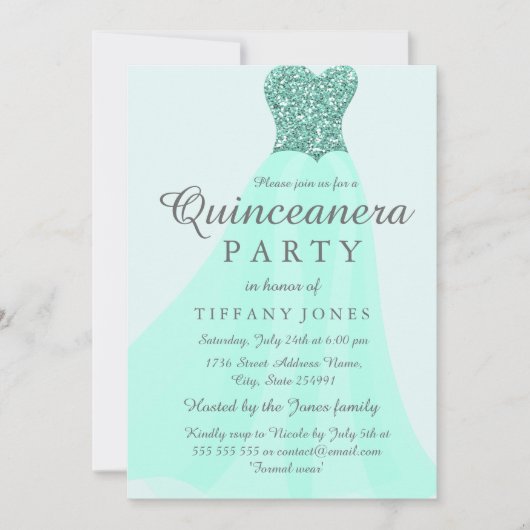 ティール(緑がかった色)ミントきらめくグリッターガウンキンセアニェラパーティー 招待状 (正面)