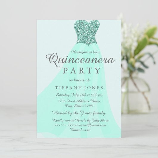 ティール（緑がかった色）ミントきらめくグリッターガウンキンセアニェラパーティー 招待状 (スタンド正面)