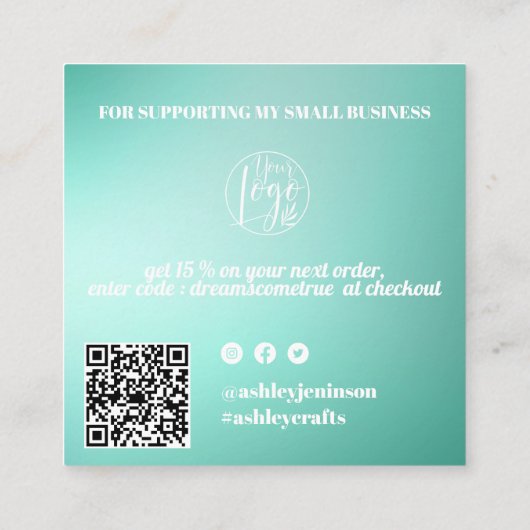 ティール(緑がかった色)ミントグラディエントのレトロなスクリプトの順感謝してい序 スクエア名刺 (裏面)