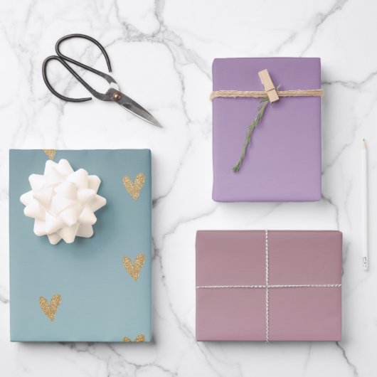 ティール(緑がかった色)ミントグラデーション金ゴールドグリッターハート ラッピングペーパーシート (正面)