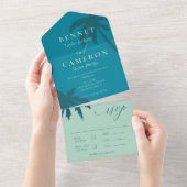 ティール(緑がかった色)&ミントグリーンパームツリーズビーチ結婚式 オールインワン招待状 (貼ってはがせる)