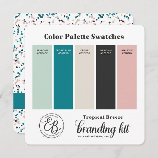 ティール(緑がかった色)ミントグリーン&ピンクカラーパレットスウォッチカード 招待状 (正面/裏面)