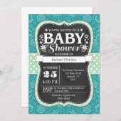 ティール(緑がかった色)ミントシャルボードフローラベビーシャワー招待状 招待状 (正面/裏面)
