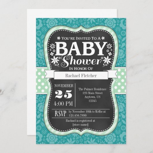 ティール（緑がかった色）ミントシャルボードフローラベビーシャワー招待状 招待状 (正面/裏面)