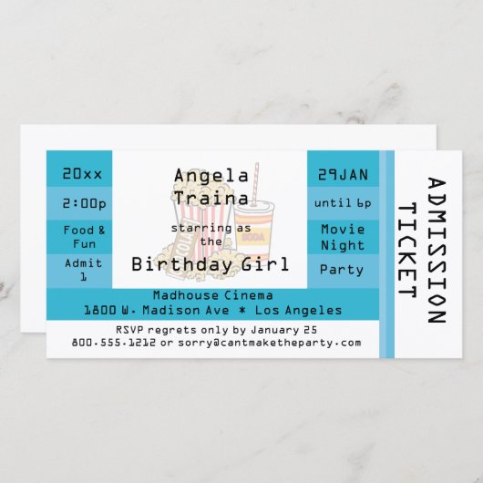 ティール（緑がかった色）ムービーナイトパーティー入場チケット招待状 (正面/裏面)