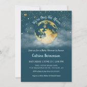 ティール(緑がかった色)ムーンアンドスターズ金ゴールド天ベビーシャワー 招待状 (正面)