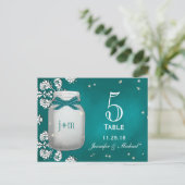 ティール（緑がかった色）メイスンジャーとホタルのテーブル番号札 ポストカード (スタンド正面)
