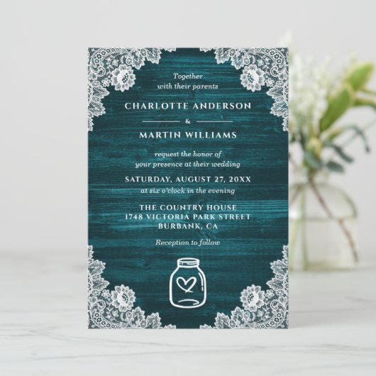 ティール(緑がかった色)メイスンジャーフローラレースウ素朴ィード結婚ズ 招待状 (スタンド正面)