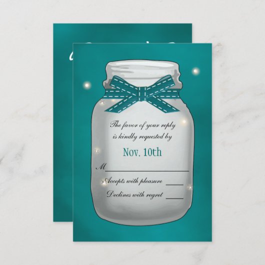 ティール(緑がかった色)メイスンジャー、ホタル付きRSVPカード 出欠カード (正面/裏面)