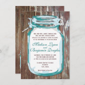 ティール（緑がかった色）メイソンジャーバーンウッ素朴ド結婚式招待状 招待状 (正面/裏面)