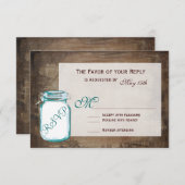 ティール（緑がかった色）メイソンジャーブラウン素朴ド結婚式RSVPカード 出欠カード (正面/裏面)