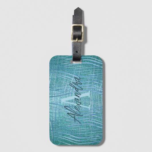 ティール(緑がかった色)メタリックグリッターモダングラムラグジュアリー ラゲッジタグ (正面縦)