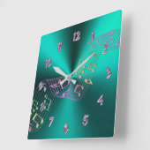 ティール（緑がかった色）メタリックミュージックノートクロック スクエア壁時計 (傾斜)
