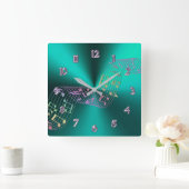 ティール（緑がかった色）メタリックミュージックノートクロック スクエア壁時計 (ホーム)