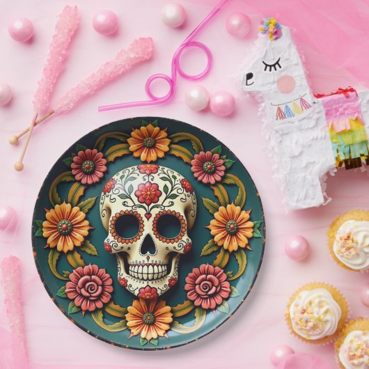 💀🎉ティール(緑がかった色)メノリーズザディーアデロスムエルトス ペーパープレート (パーティー)