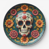 💀🎉ティール(緑がかった色)メノリーズザディーアデロスムエルトス ペーパープレート (正面)