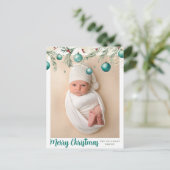 ティール（緑がかった色）メリークリスマスオーナメント縦写真 シーズンポストカード (スタンド正面)