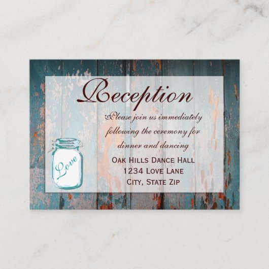 ティール（緑がかった色）メーソンジャールウッドウェディングレセプションカード エンクロージャーカード (正面)