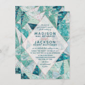 ティール(緑がかった色)モザイクマーブルトライアングル結婚式招待状 招待状 (正面/裏面)