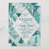 ティール(緑がかった色)モザイクマーブルバースデーパーティーの招待 招待状 (正面/裏面)