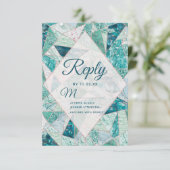 ティール(緑がかった色)モザイク大理石モダン三角形ウェディングRSVP 出欠カード (スタンド正面)