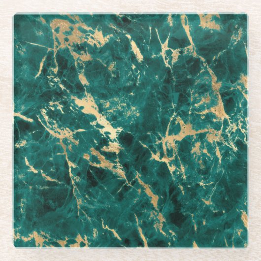 ティール（緑がかった色）モダンと金ゴールドの大理石パターン ガラスコースター (正面)