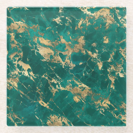 ティール（緑がかった色）モダンと金ゴールドの大理石パターン ガラスコースター (正面)