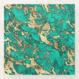 ティール（緑がかった色）モダンと金ゴールドの大理石パターン ガラスコースター