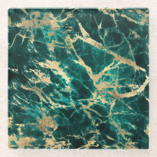 ティール（緑がかった色）モダンと金ゴールドの大理石パターン ガラスコースター (正面)