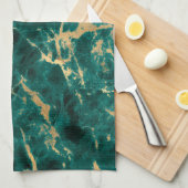 ティール（緑がかった色）モダンと金ゴールドの大理石パターン キッチンタオル (四つ折り)