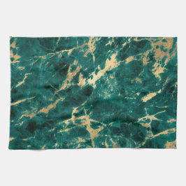 ティール（緑がかった色）モダンと金ゴールドの大理石パターン キッチンタオル