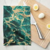 ティール（緑がかった色）モダンと金ゴールドの大理石パターン キッチンタオル (四つ折り)