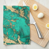 ティール（緑がかった色）モダンと金ゴールドの大理石パターン キッチンタオル (四つ折り)