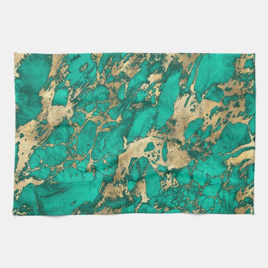 ティール（緑がかった色）モダンと金ゴールドの大理石パターン キッチンタオル (横)