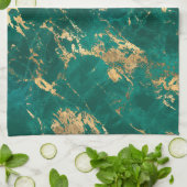 ティール（緑がかった色）モダンと金ゴールドの大理石パターン キッチンタオル (折り畳み)