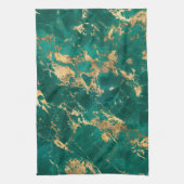 ティール（緑がかった色）モダンと金ゴールドの大理石パターン キッチンタオル (縦)