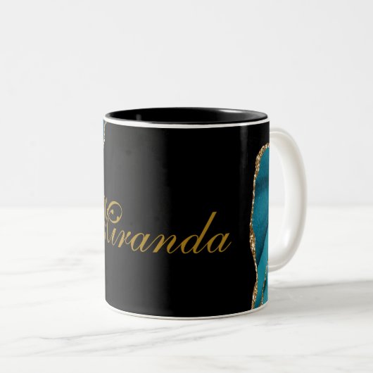 ティール（緑がかった色）モダンと金ゴールド瑪瑙パーソナライズされた石 ツートーンマグカップ (正面右)