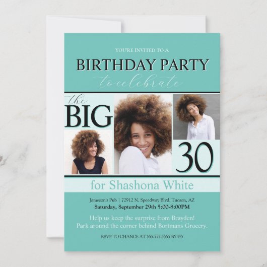 ティール（緑がかった色）モダンアクアティファニー30th誕生日招待状 招待状 (正面)