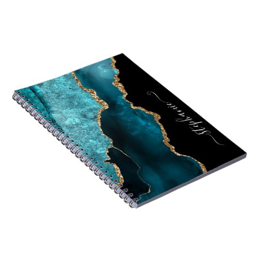 ティール(緑がかった色)モダンアゲート水カラー金ゴールドパーソナライズされた ノートブック (右側)