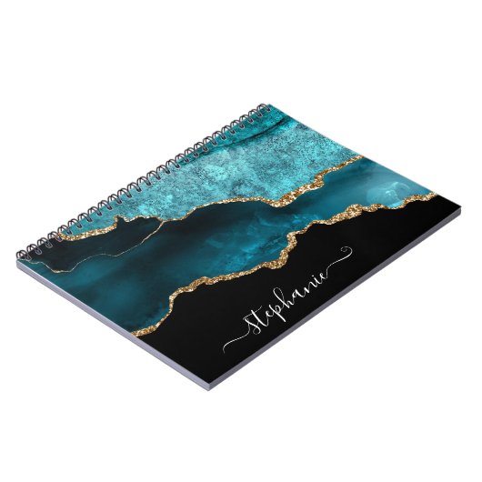 ティール(緑がかった色)モダンアゲート水カラー金ゴールドパーソナライズされた ノートブック (左側)