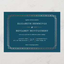 ティール（緑がかった色）モダンアールデコバラ金縁ど箔結婚s 招待状