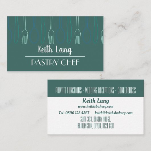 ティール（緑がかった色）モダンカトラリーデザインプロフェッショナルシェフ 名刺 (正面/裏面)