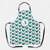 ティール（緑がかった色）モダンキュート蝶パターンモノグラム エプロン (正面)
